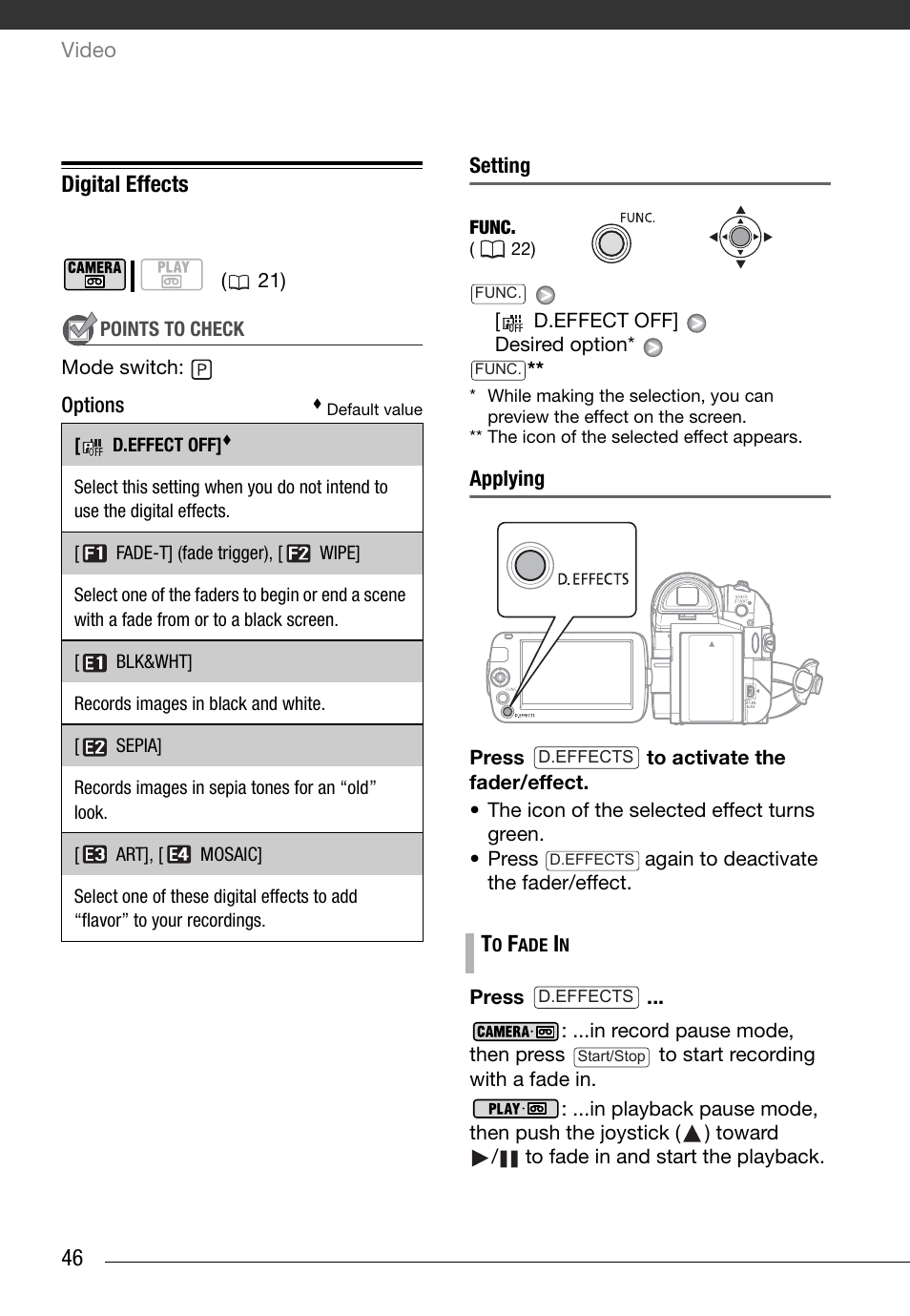 Digital effects, Options, Setting | Applying, 46 digital effects | Canon Digital Video Camcorder ZR900 User Manual | Page 48 / 85