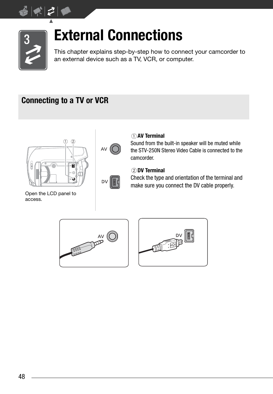 External connections, Connecting to a tv or vcr | Canon Digital Video Camcorder ZR900 User Manual | Page 50 / 85