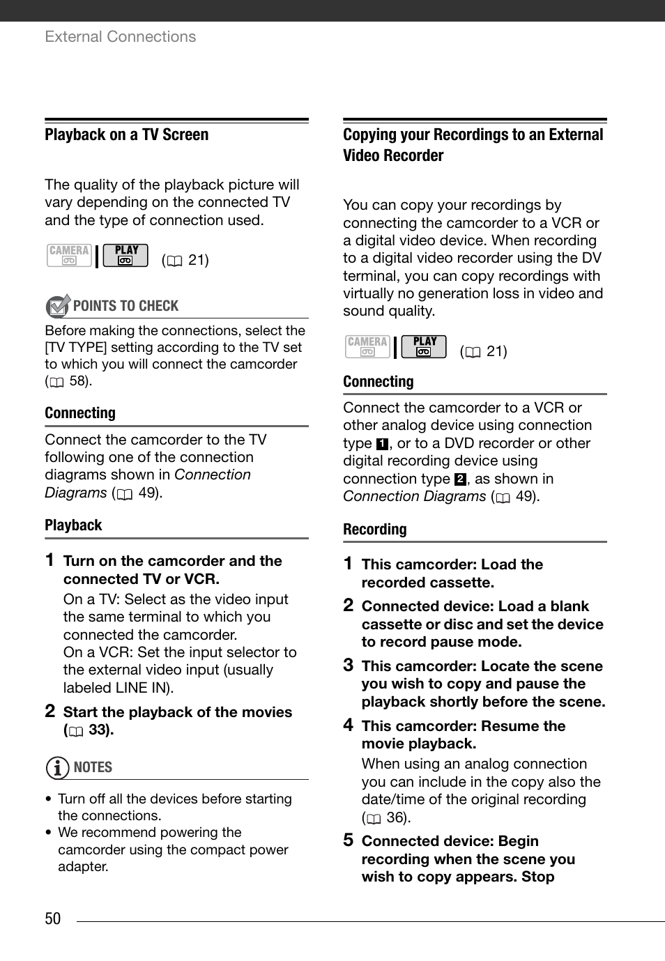Playback on a tv screen, Connecting, Playback | Recording | Canon Digital Video Camcorder ZR900 User Manual | Page 52 / 85