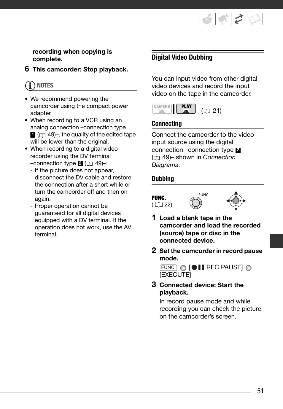 Digital video dubbing, Connecting, Dubbing | Canon Digital Video Camcorder ZR900 User Manual | Page 53 / 85