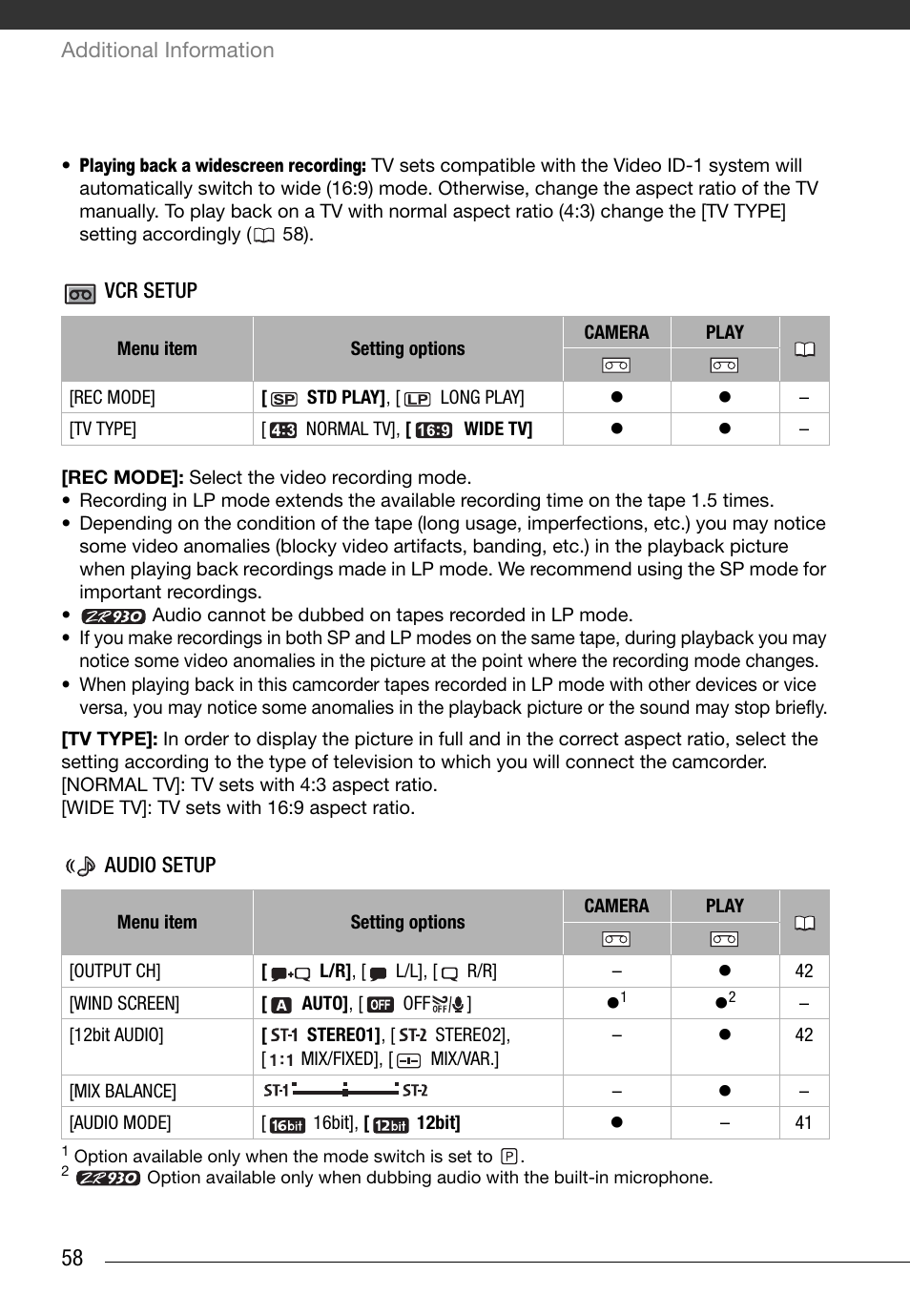 Vcr setup, Audio setup, Vcr setup (recording mode, tv type, etc.) | Audio setup (audio mode, wind screen, etc.) | Canon Digital Video Camcorder ZR900 User Manual | Page 60 / 85