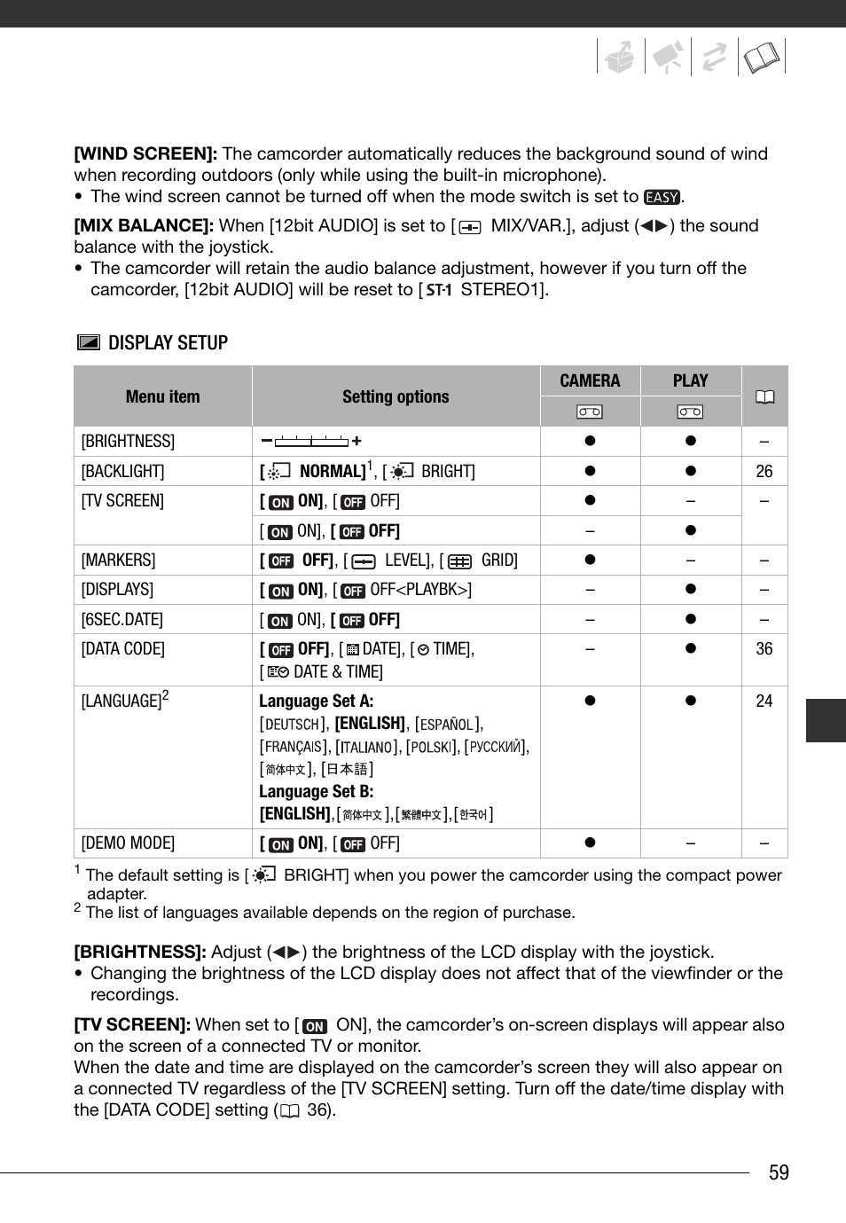 Display setup, Display setup (lcd brightness, language, etc.), 59) or | Canon Digital Video Camcorder ZR900 User Manual | Page 61 / 85