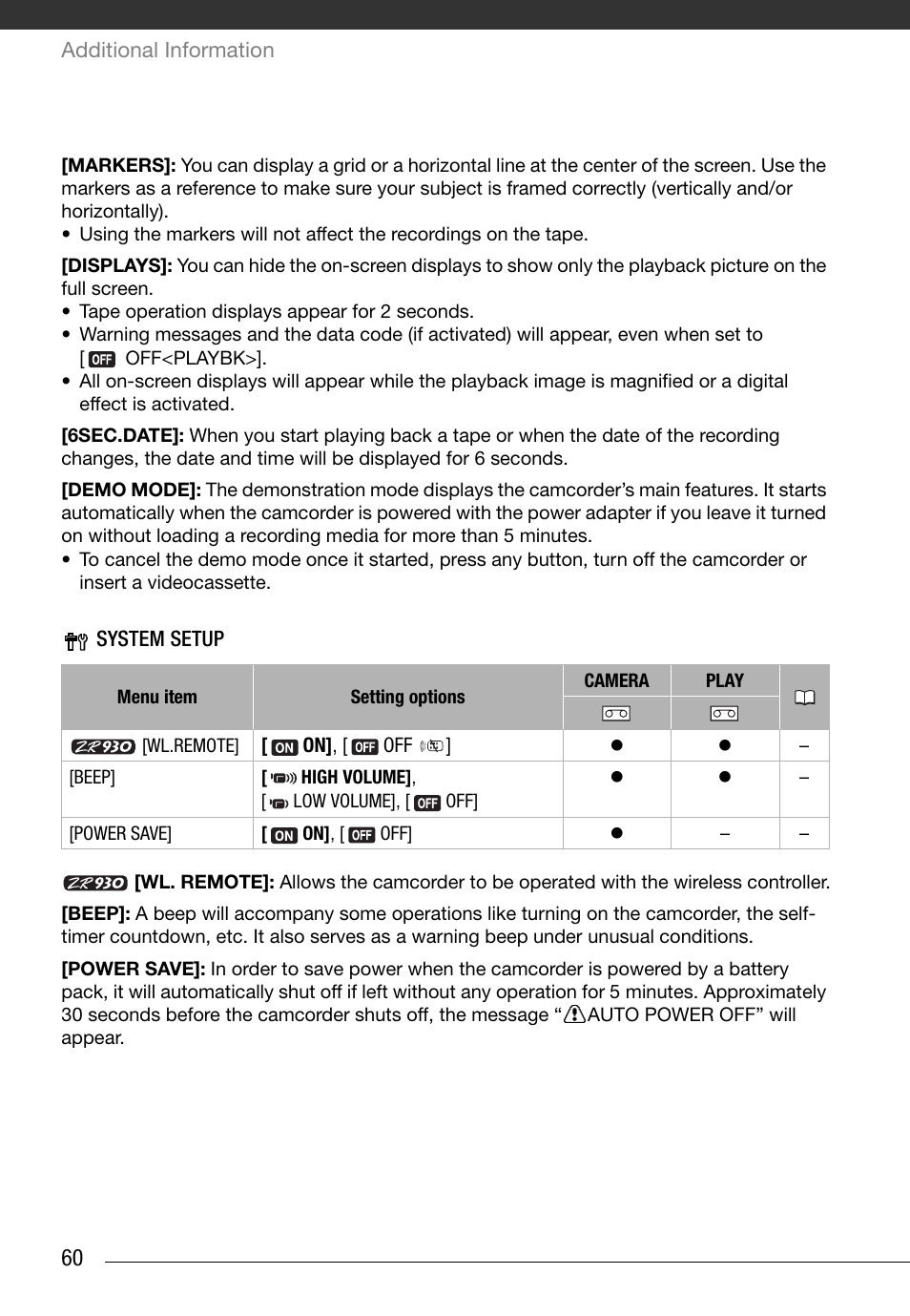 System setup, System setup (beep, power save, etc.) | Canon Digital Video Camcorder ZR900 User Manual | Page 62 / 85