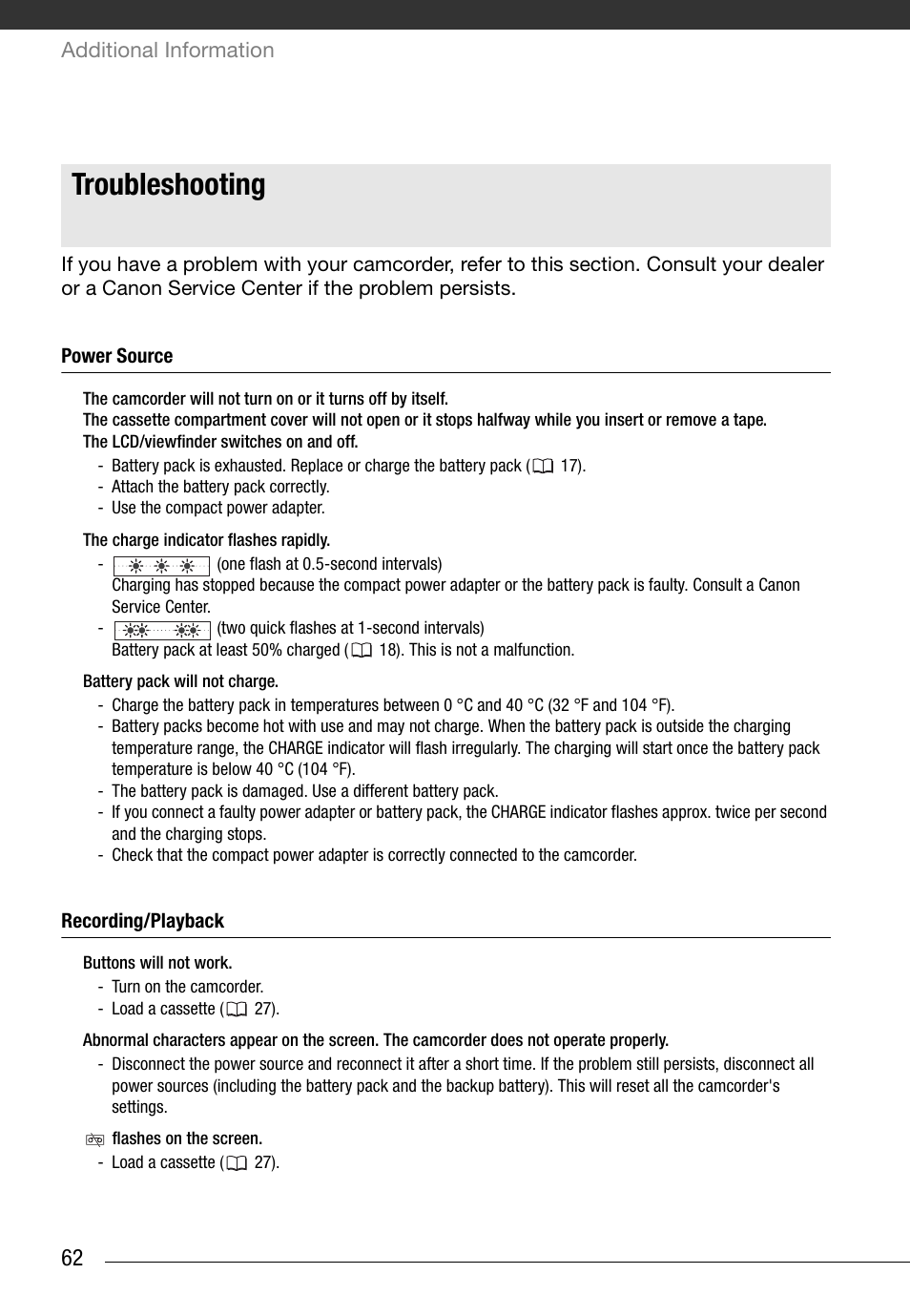 Troubleshooting, Power source, Recording/playback | Trouble | Canon Digital Video Camcorder ZR900 User Manual | Page 64 / 85