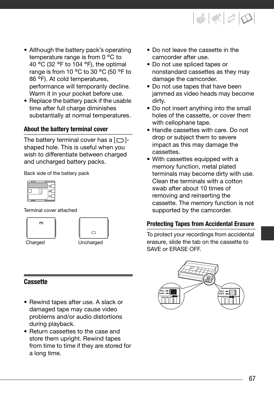 About the battery terminal cover, Cassette, Protecting tapes from accidental erasure | Canon Digital Video Camcorder ZR900 User Manual | Page 69 / 85