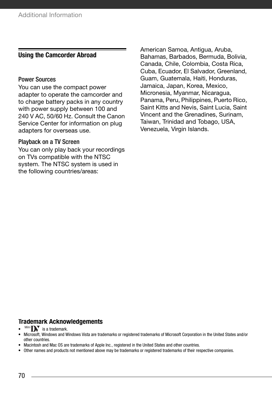 Using the camcorder abroad, Power sources, Playback on a tv screen | Trademark acknowledgements, 70 using the camcorder abroad | Canon Digital Video Camcorder ZR900 User Manual | Page 72 / 85