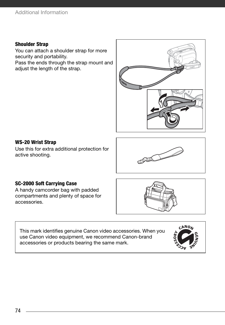 Shoulder strap, Ws-20 wrist strap, Sc-2000 soft carrying case | Canon Digital Video Camcorder ZR900 User Manual | Page 76 / 85