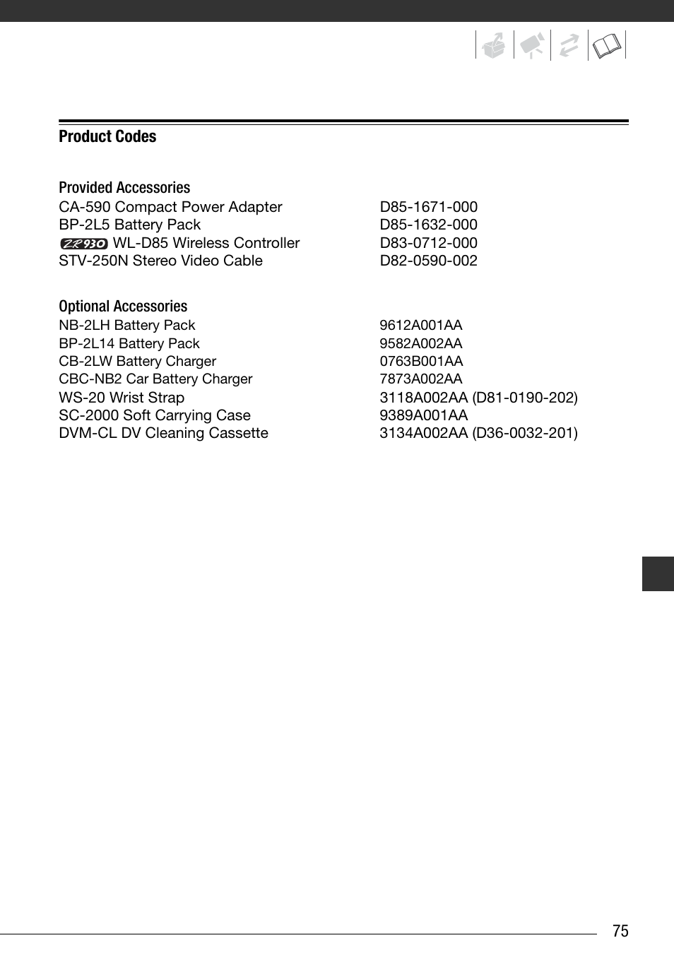 Product codes, Provided accessories, Optional accessories | Canon Digital Video Camcorder ZR900 User Manual | Page 77 / 85