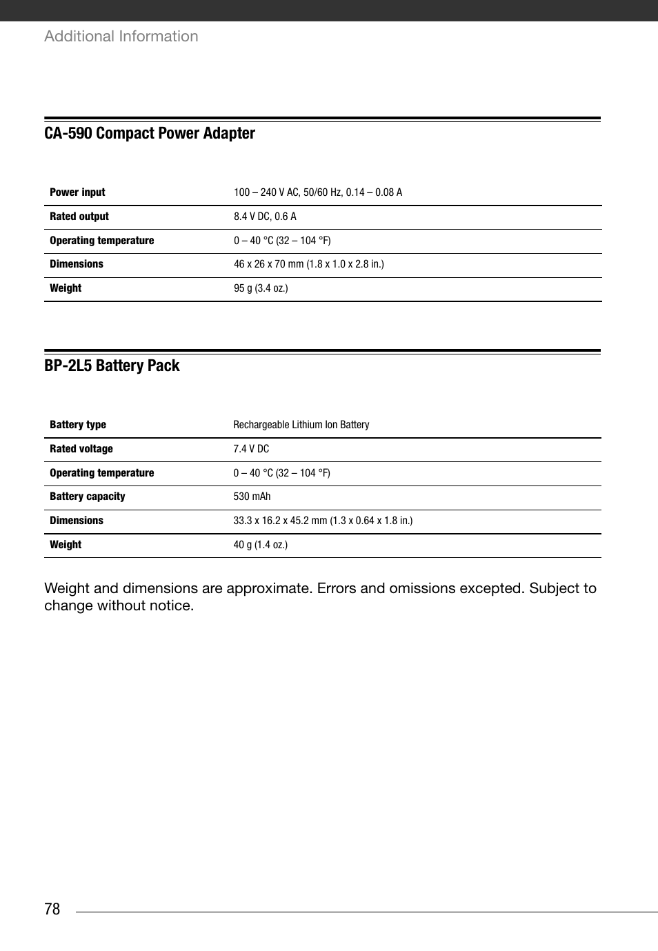 Ca-590 compact power adapter, Bp-2l5 battery pack, Additional information | Canon Digital Video Camcorder ZR900 User Manual | Page 80 / 85