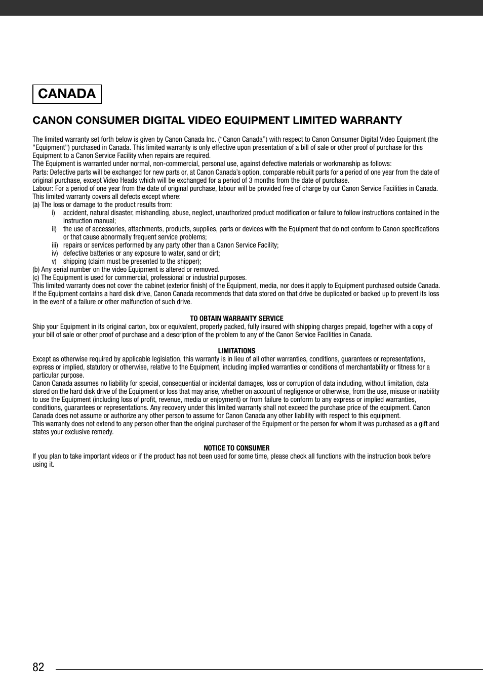 Canada | Canon Digital Video Camcorder ZR900 User Manual | Page 84 / 85