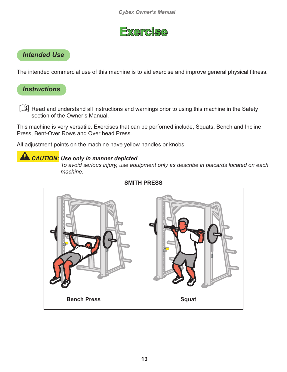 Exercise, Intended use, Instructions | Cybex 16121 Plate Loaded Smith Press User Manual | Page 13 / 26