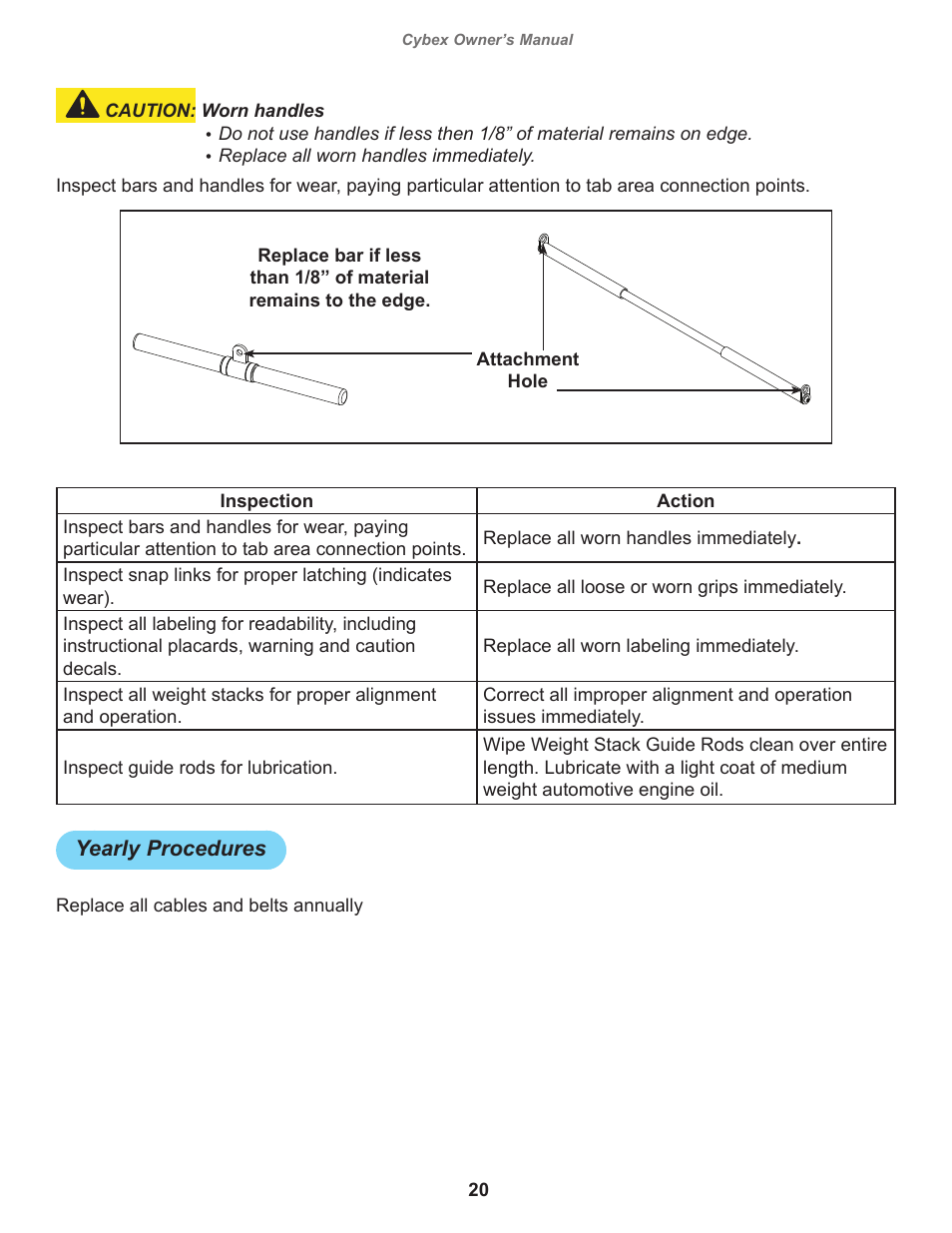 Yearly procedures | Cybex 16121 Plate Loaded Smith Press User Manual | Page 20 / 26