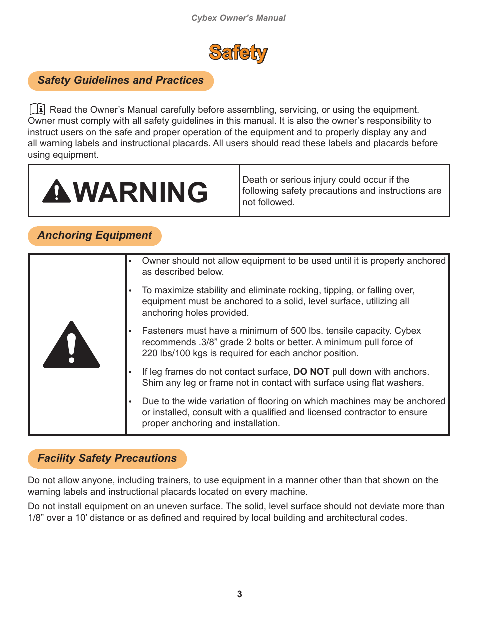 Safety, Safety guidelines and practices, Anchoring equipment | Facility safety precautions, Warning | Cybex 16121 Plate Loaded Smith Press User Manual | Page 3 / 26