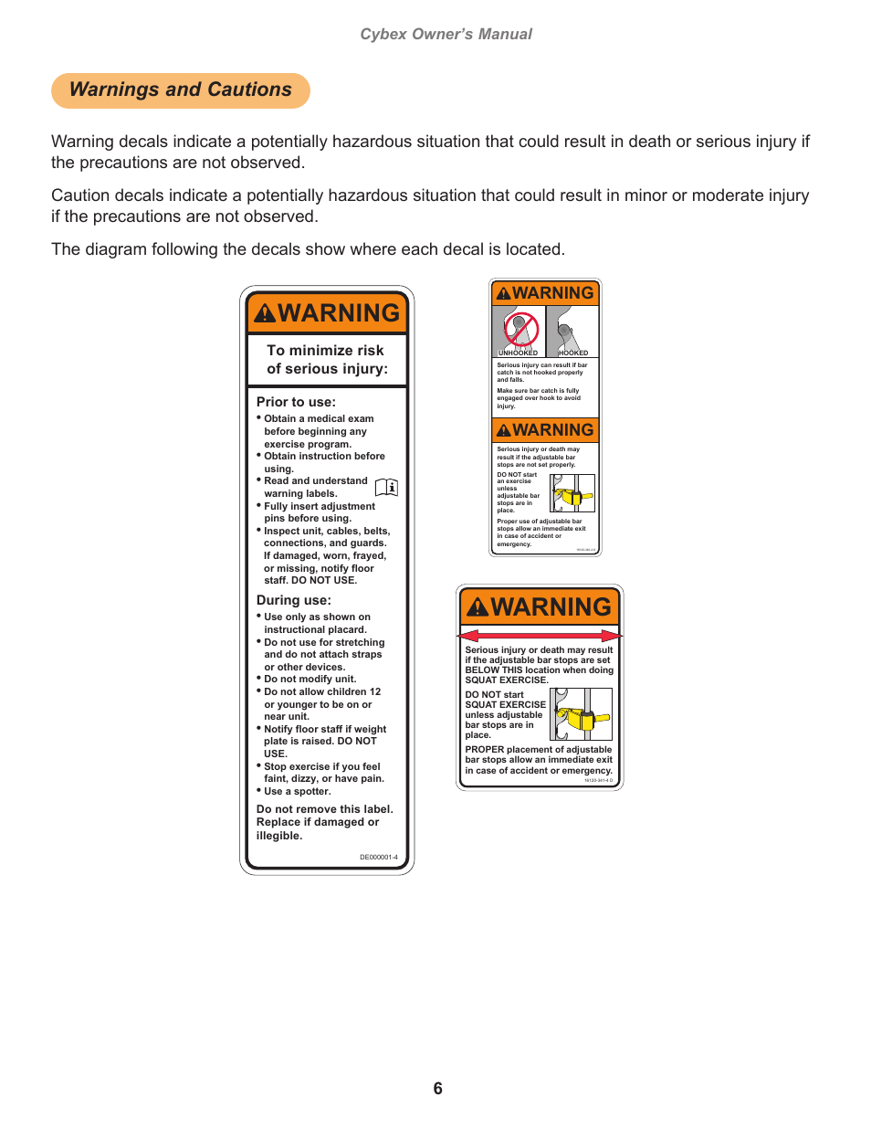 Warnings and cautions, Warning, Cybex owner’s manual | Owatonna, Prior to use, During use | Cybex 16121 Plate Loaded Smith Press User Manual | Page 6 / 26