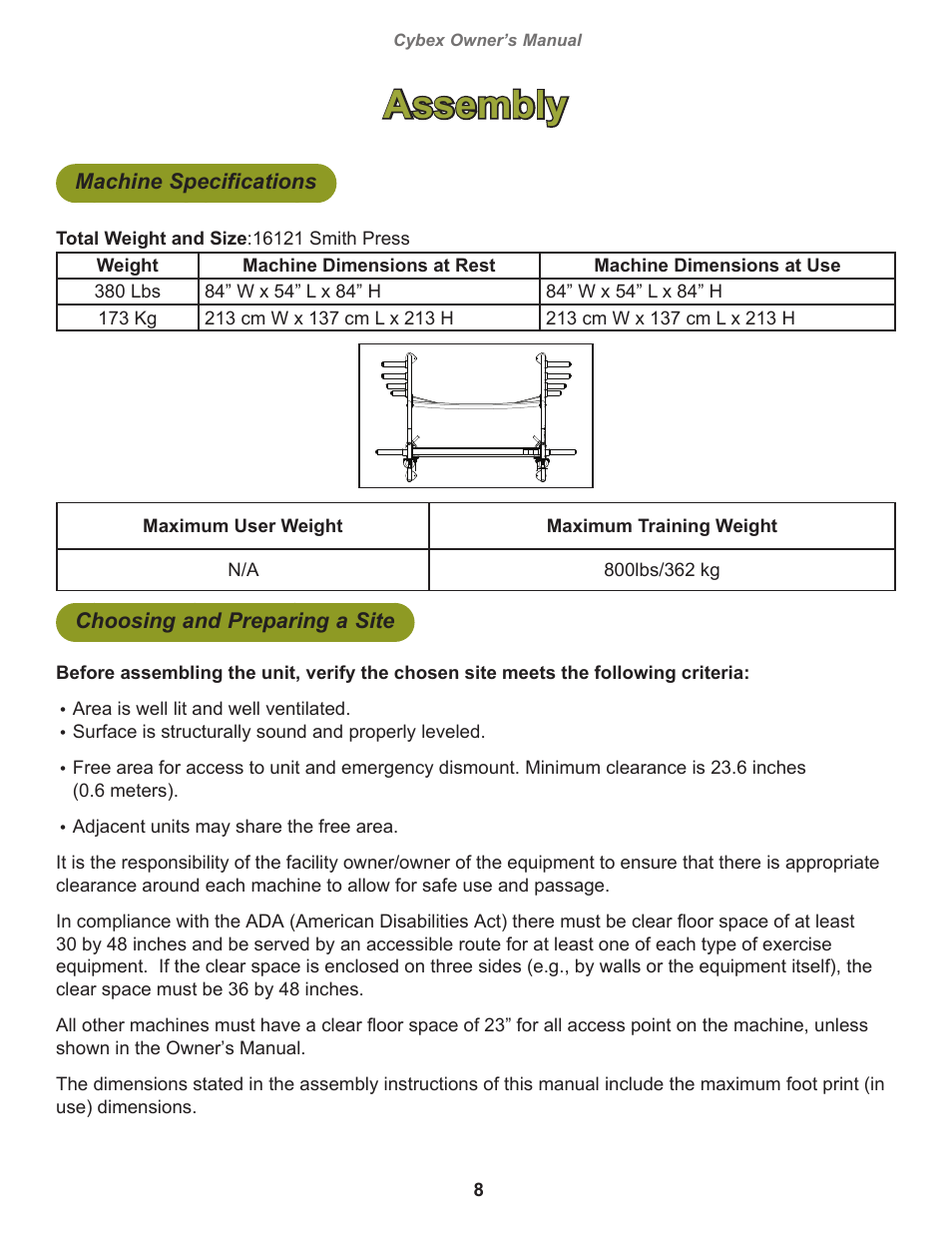 Assembly, Machine specifications, Choosing and preparing a site | Cybex 16121 Plate Loaded Smith Press User Manual | Page 8 / 26