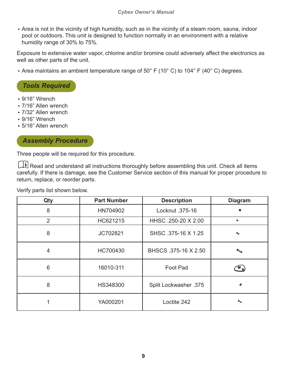 Tools required, Assembly procedure | Cybex 16121 Plate Loaded Smith Press User Manual | Page 9 / 26