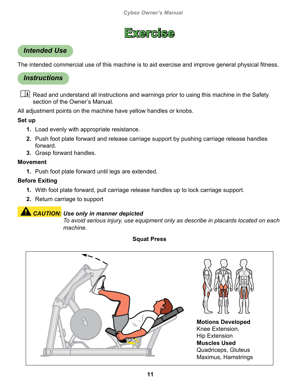 Exercise, Intended use, Instructions | Cybex 16150 Plate Loaded Squat Press User Manual | Page 11 / 18