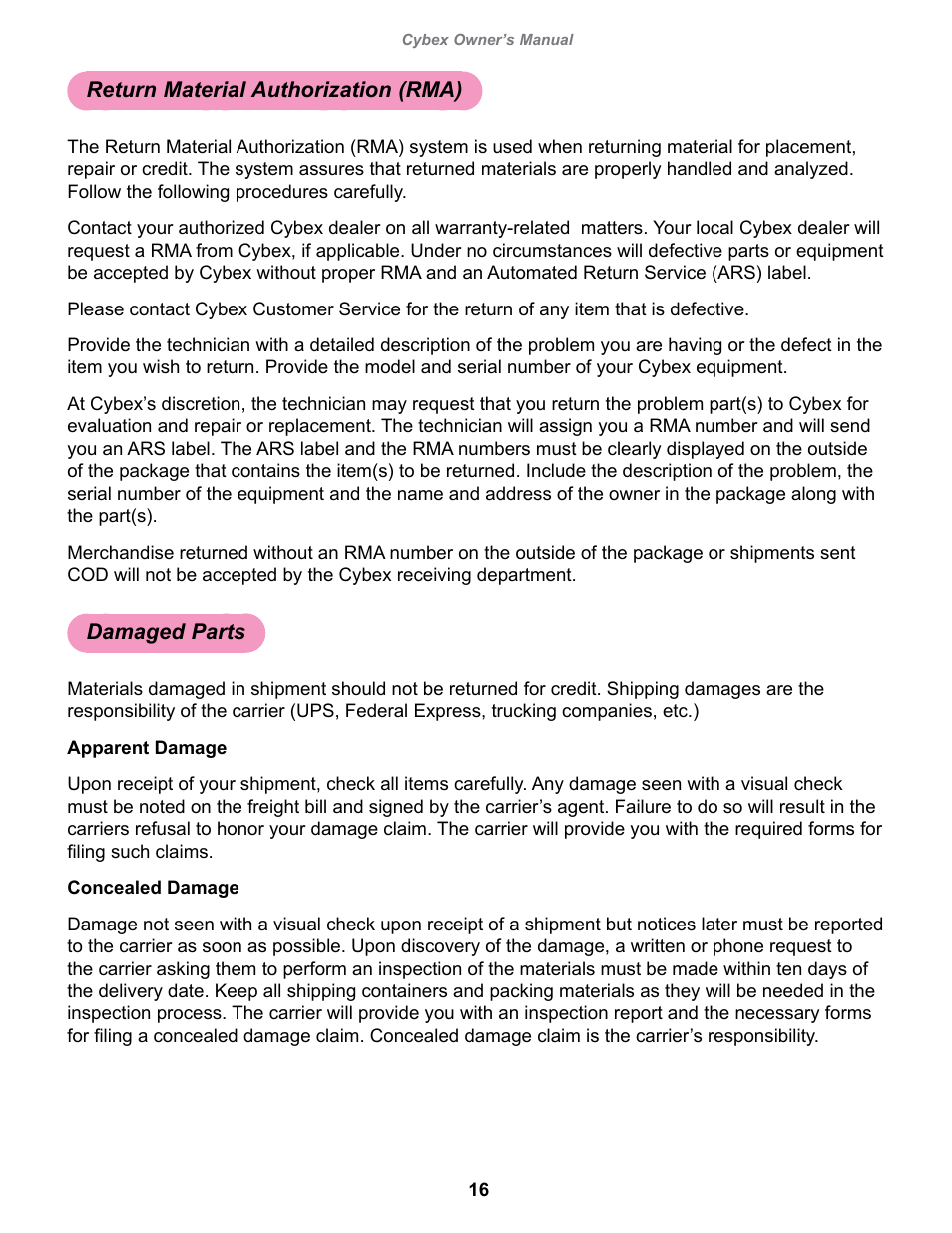 Return material authorization (rma), Damaged parts | Cybex 16150 Plate Loaded Squat Press User Manual | Page 16 / 18