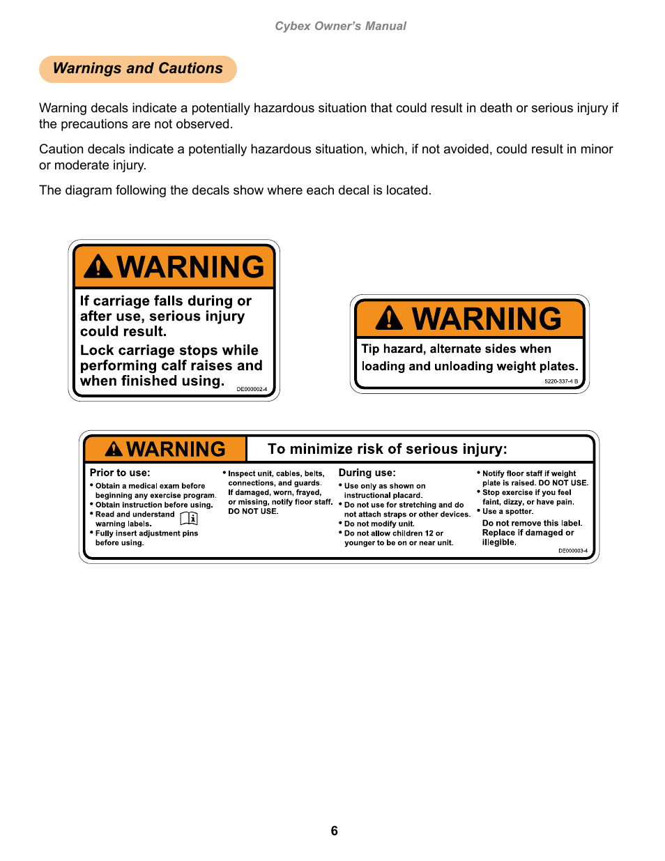 Warnings and cautions, Decal, warning english, Cybex owner’s manual | Owatonna | Cybex 16150 Plate Loaded Squat Press User Manual | Page 6 / 18