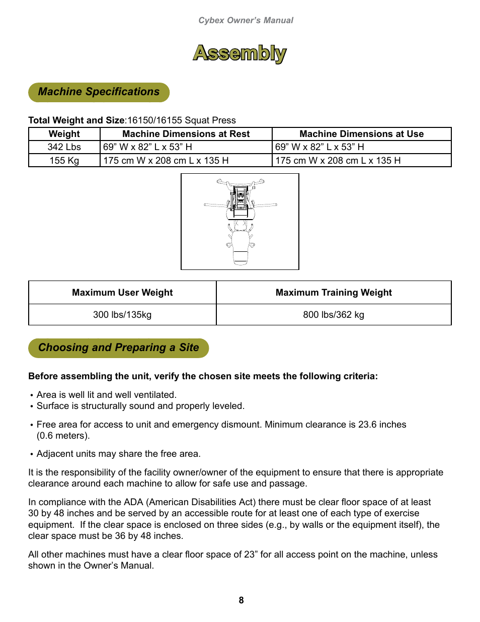 Assembly, Machine specifications, Choosing and preparing a site | Cybex 16150 Plate Loaded Squat Press User Manual | Page 8 / 18
