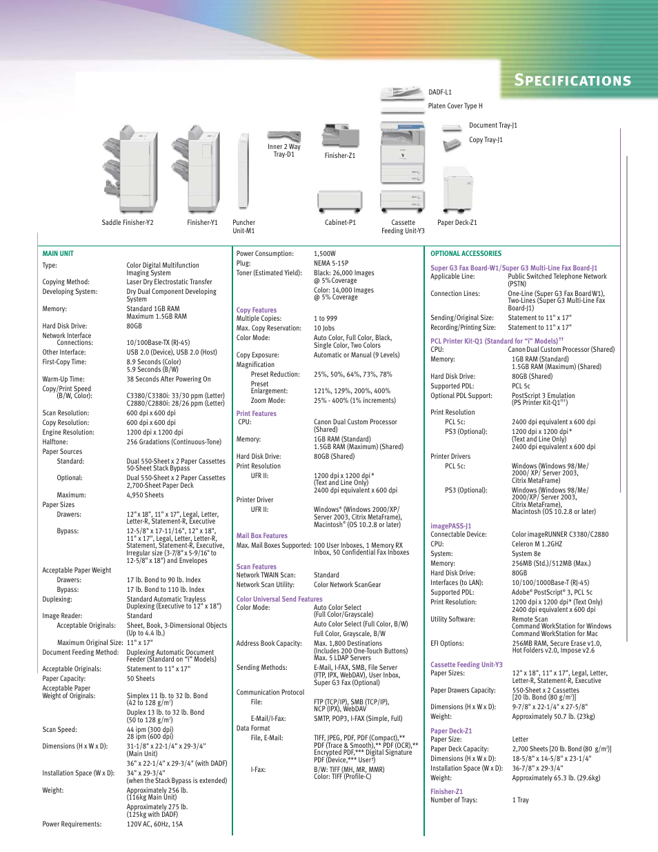 Specifications | Canon C2880 Series User Manual | Page 15 / 16