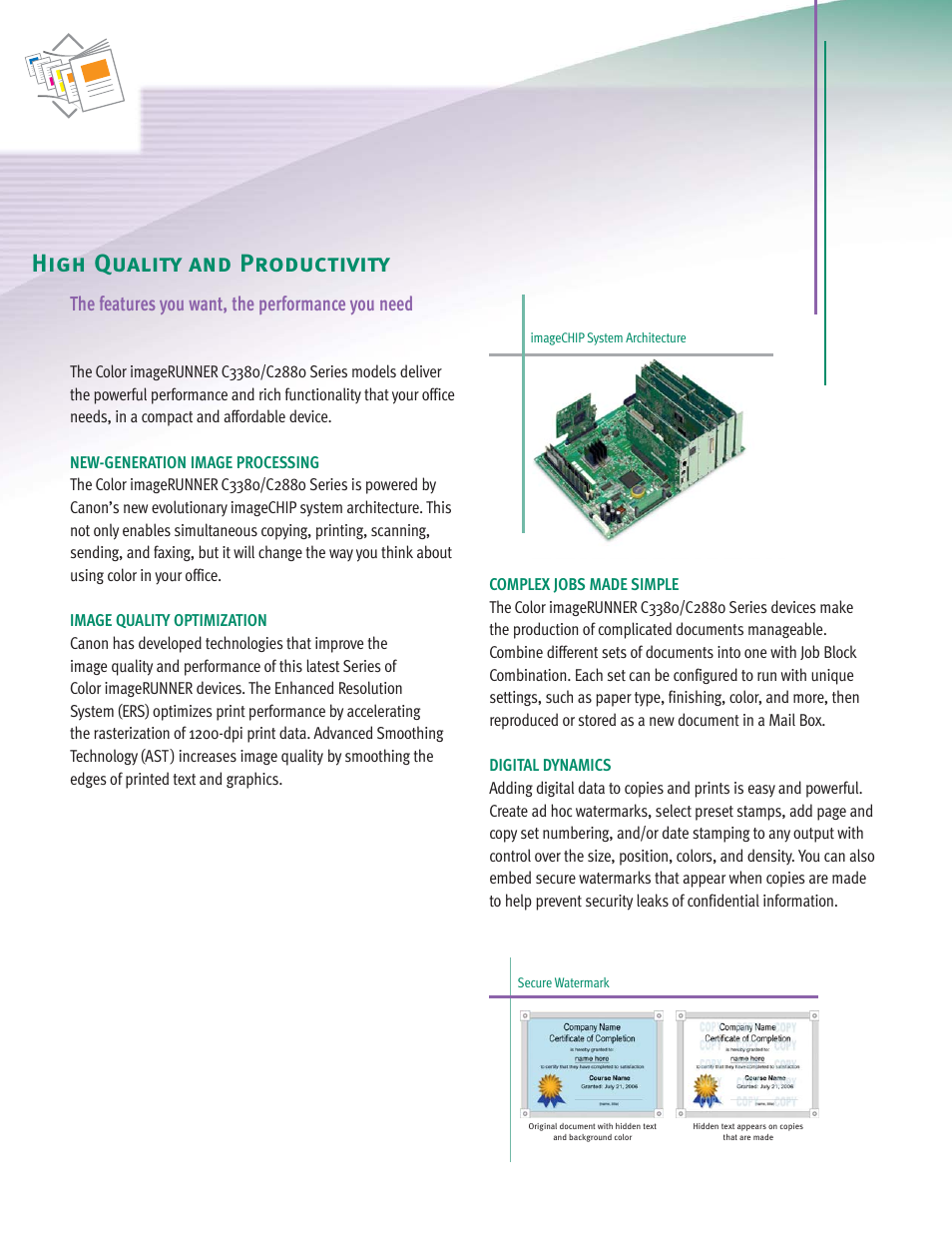 High quality and productivity, The features you want, the performance you need | Canon C2880 Series User Manual | Page 6 / 16