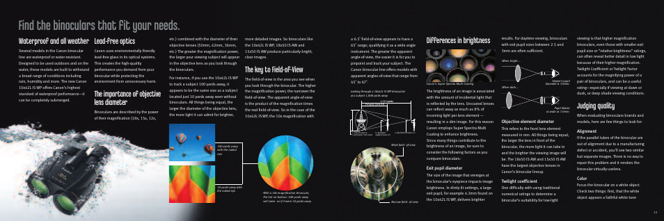 Find the binoculars that fit your needs, Differences in brightness, Judging quality | Waterproof and all weather, Lead-free optics, The importance of objective lens diameter, The key to field-of-view | Canon Image Stabilizer Series User Manual | Page 7 / 8