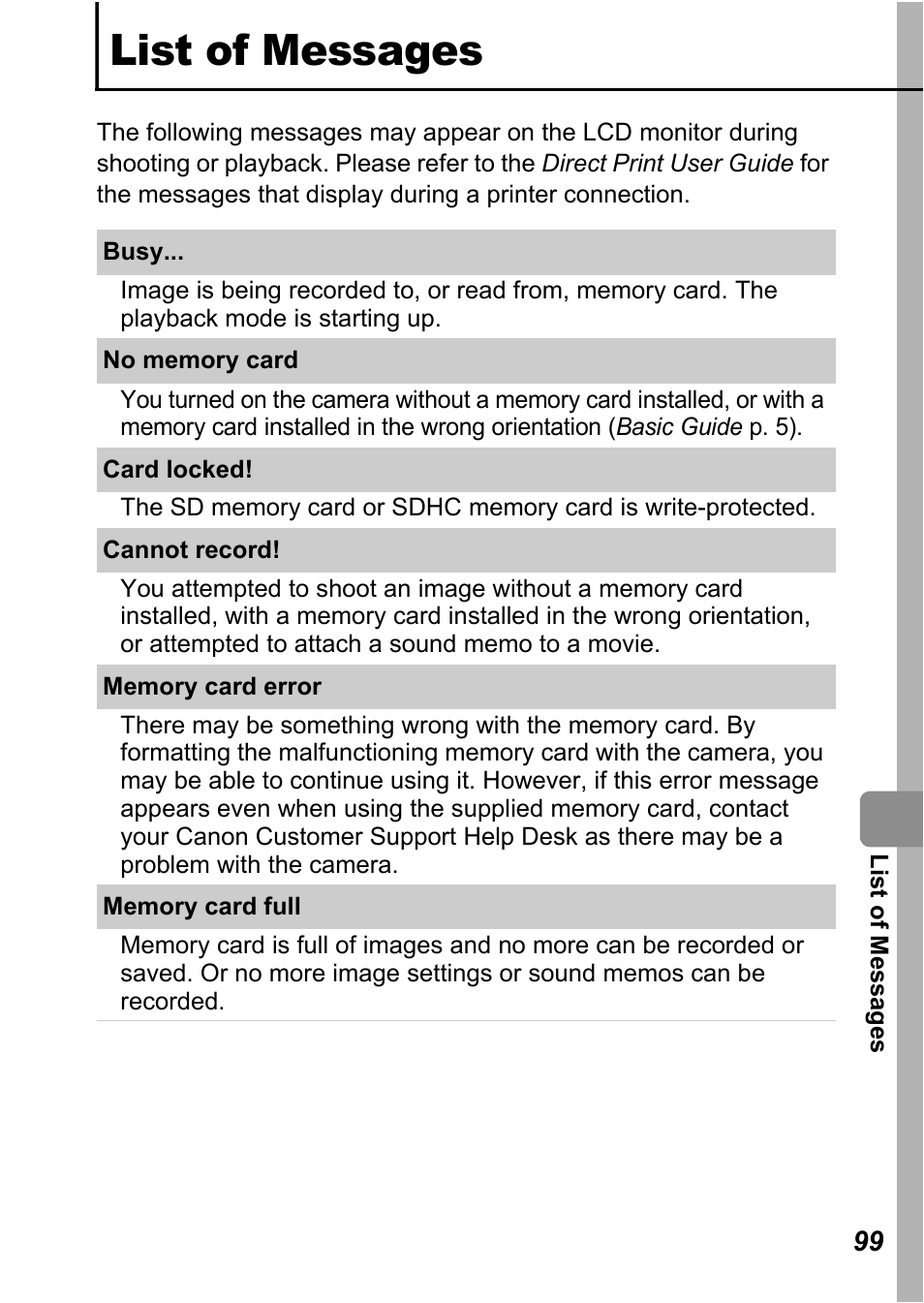 List of messages | Canon A710 IS User Manual | Page 101 / 138
