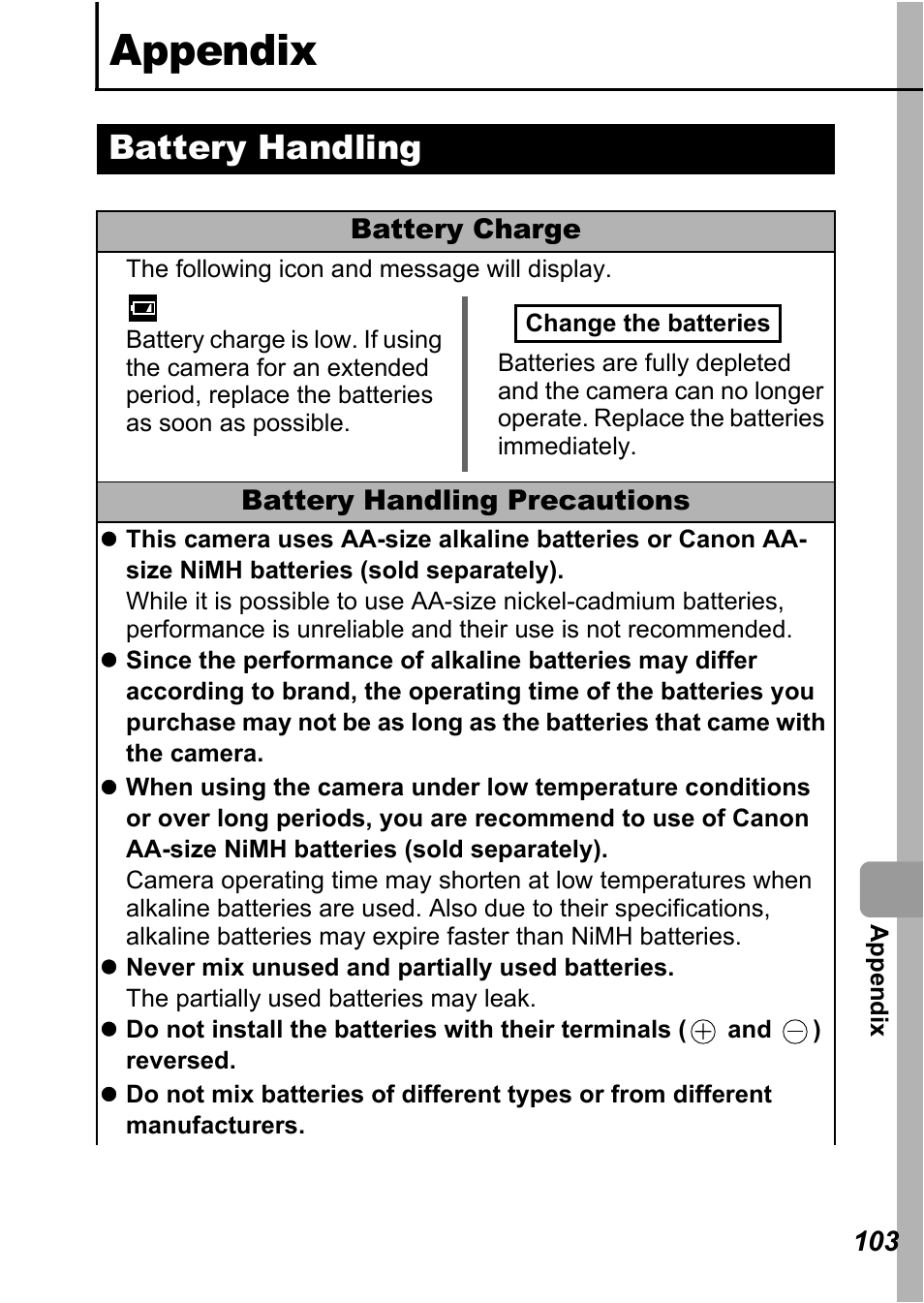 Appendix, Battery handling, P. 103) | Canon A710 IS User Manual | Page 105 / 138
