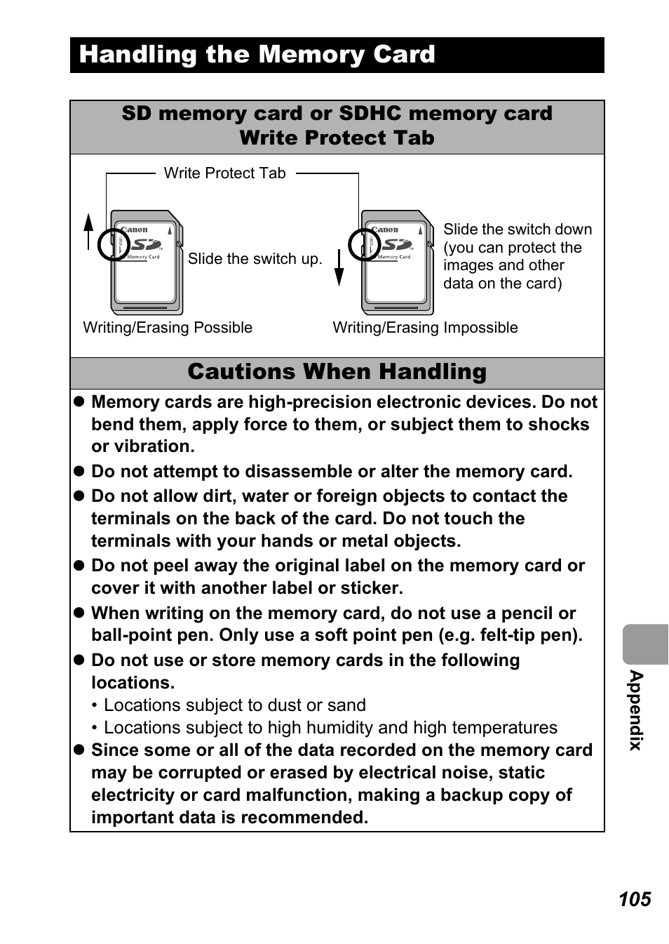 Handling the memory card, P. 105), Cautions when handling | Canon A710 IS User Manual | Page 107 / 138