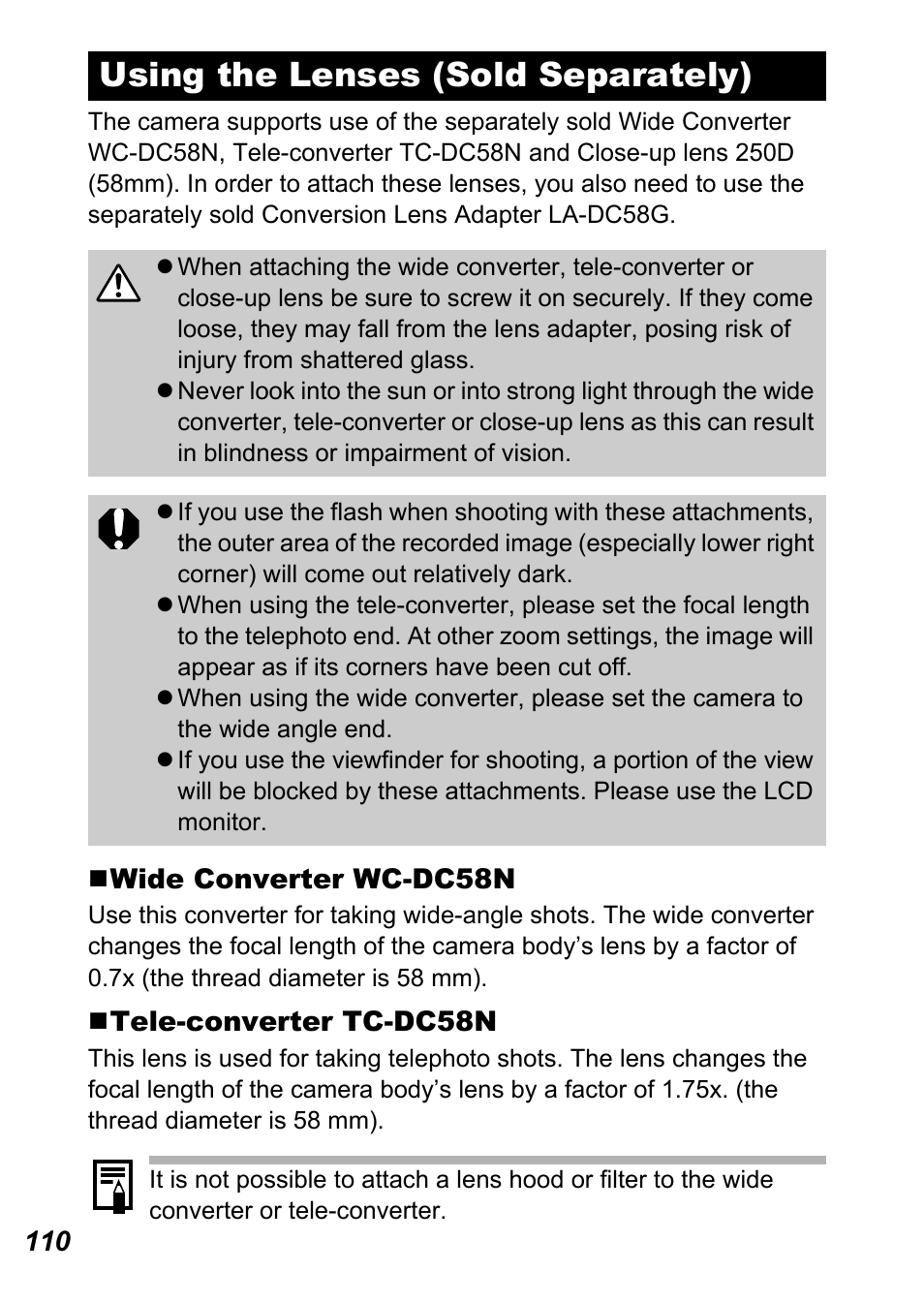 Using the lenses (sold separately) | Canon A710 IS User Manual | Page 112 / 138