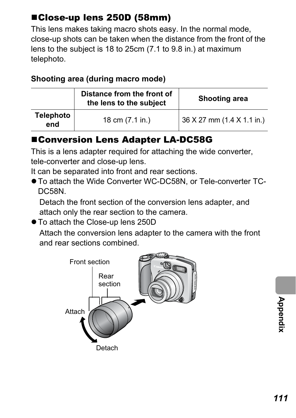 Conversion lens adapter la-dc58g | Canon A710 IS User Manual | Page 113 / 138