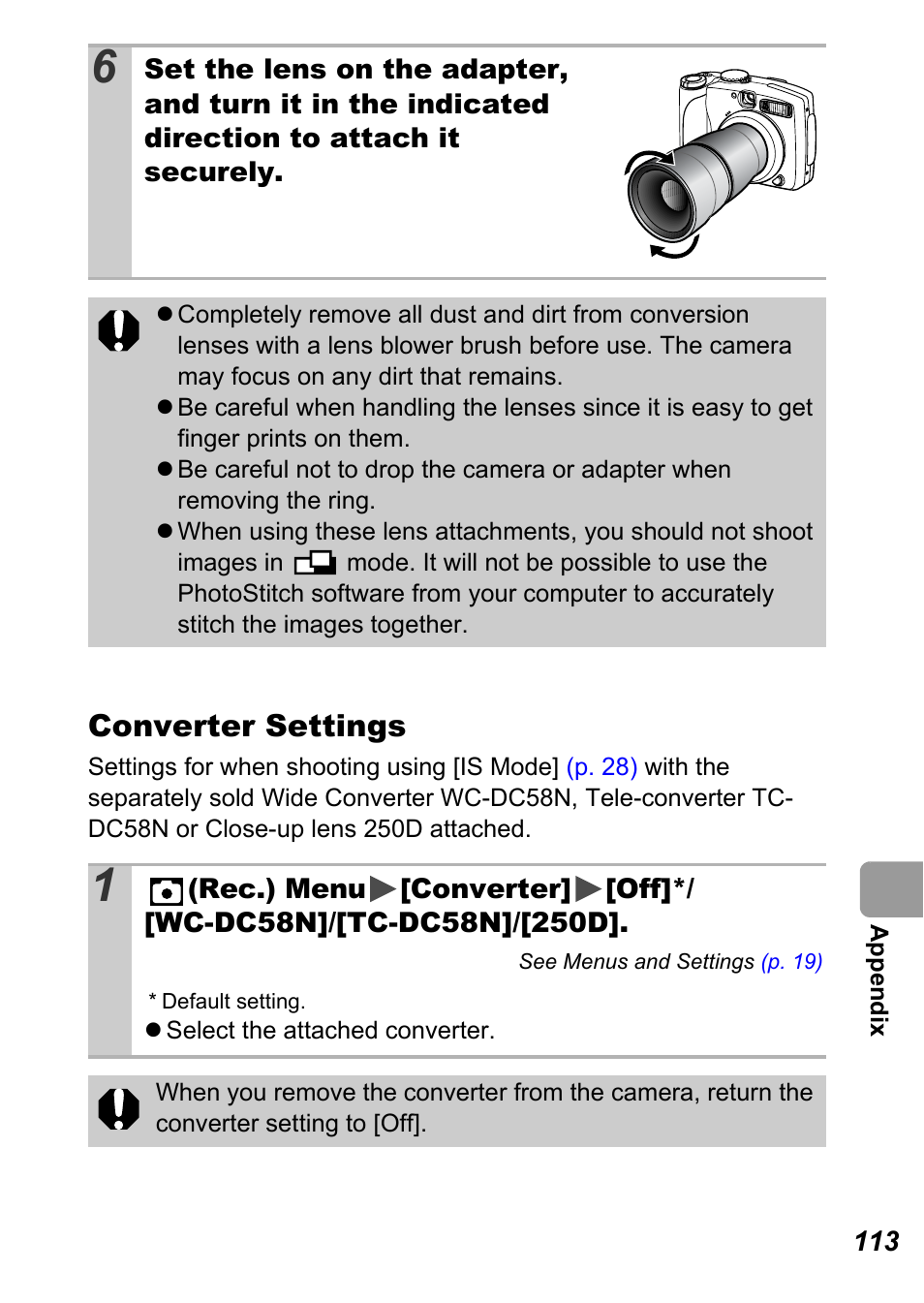 P. 113), Converter settings | Canon A710 IS User Manual | Page 115 / 138