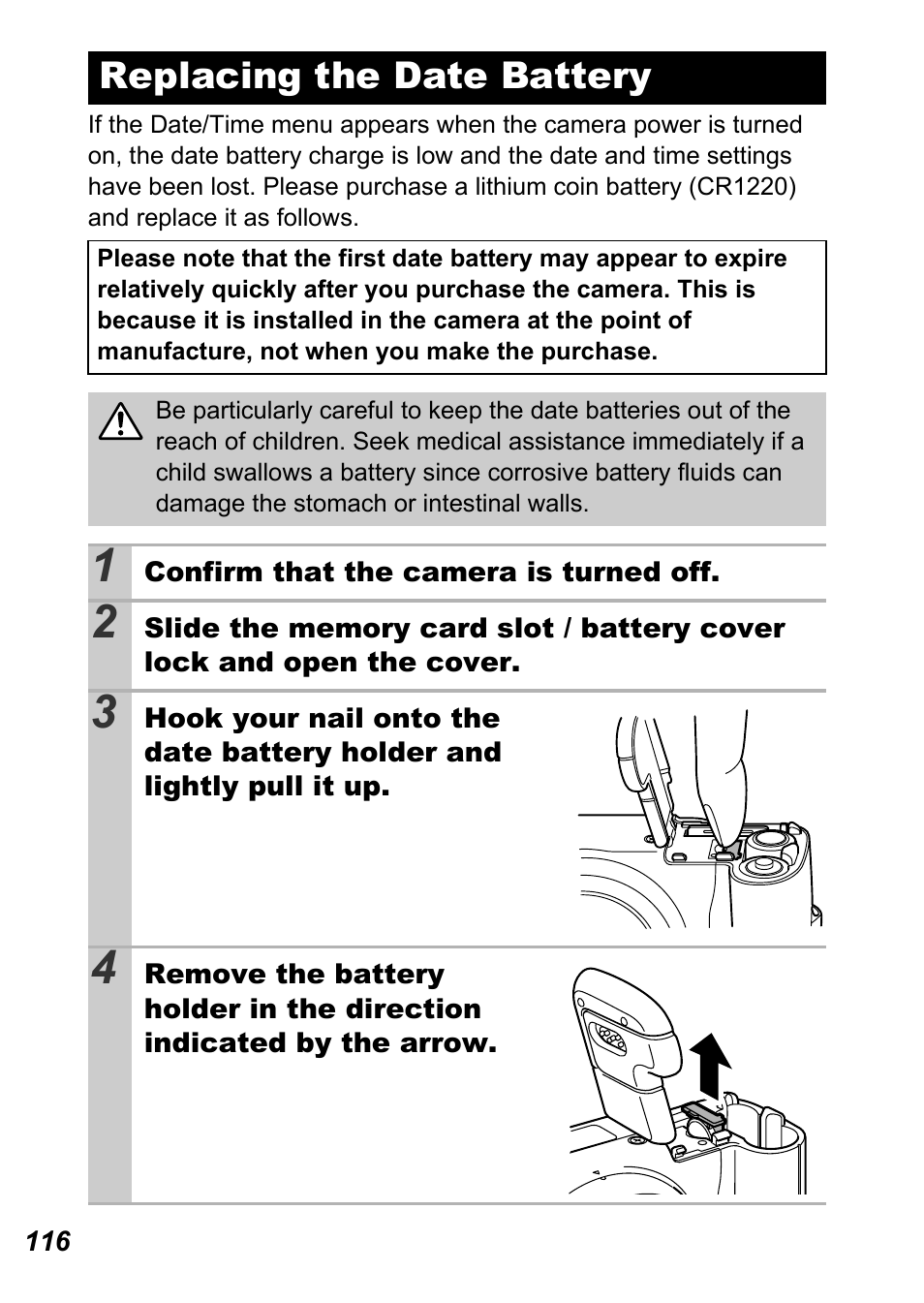 Replacing the date battery, P. 116) | Canon A710 IS User Manual | Page 118 / 138