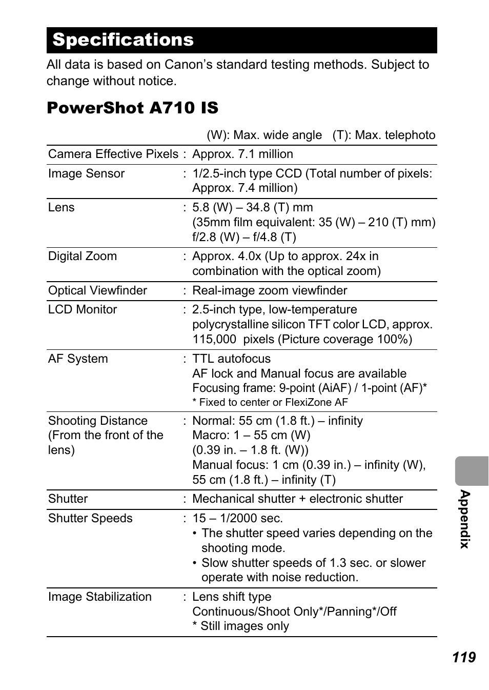 Specifications, Stance, P. 119) | Powershot a710 is | Canon A710 IS User Manual | Page 121 / 138