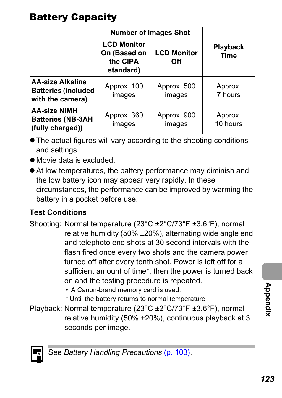 Battery capacity | Canon A710 IS User Manual | Page 125 / 138