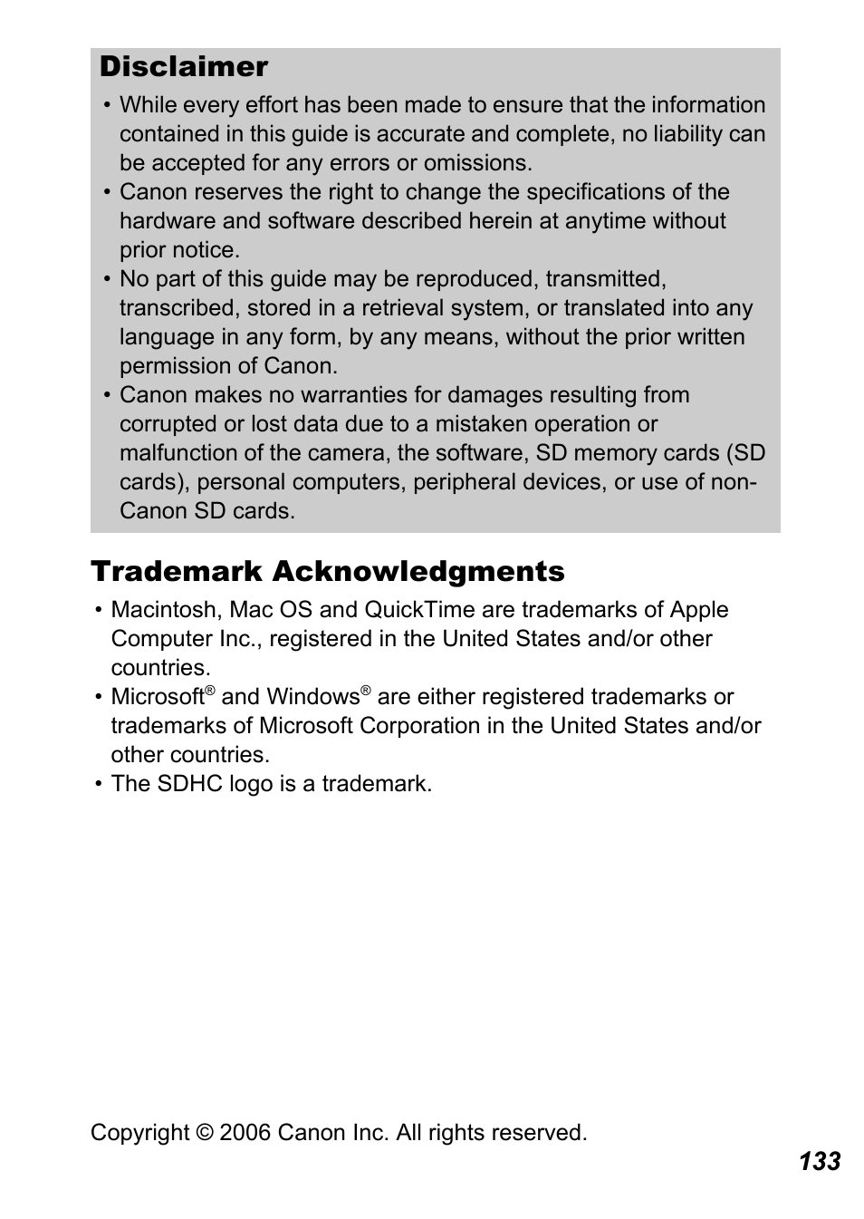 Trademark acknowledgments, Disclaimer | Canon A710 IS User Manual | Page 135 / 138