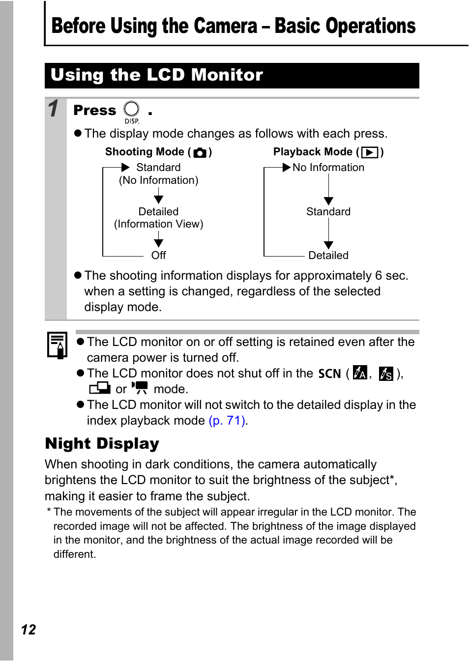 Before using the camera - basic operations, Using the lcd monitor, Before using the camera – basic operations | Night display | Canon A710 IS User Manual | Page 14 / 138