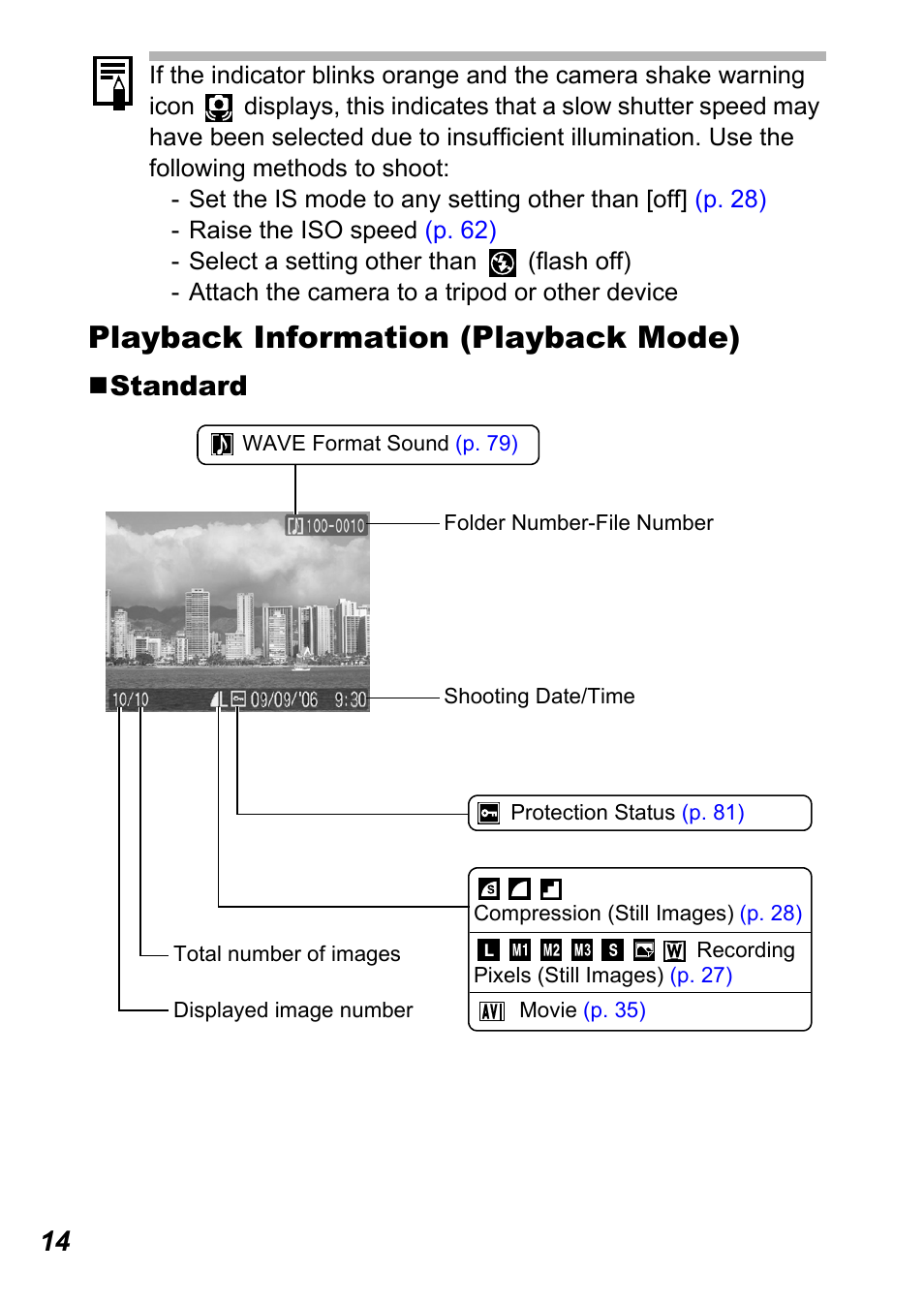 P. 14), Playback information (playback mode), Standard | Canon A710 IS User Manual | Page 16 / 138