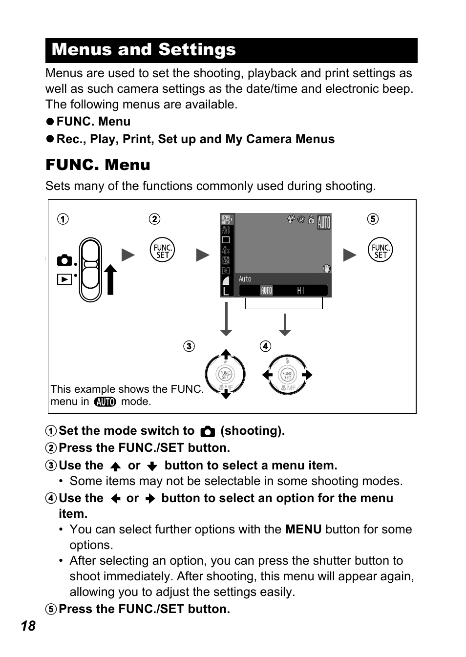 Menus and settings, Func. menu | Canon A710 IS User Manual | Page 20 / 138