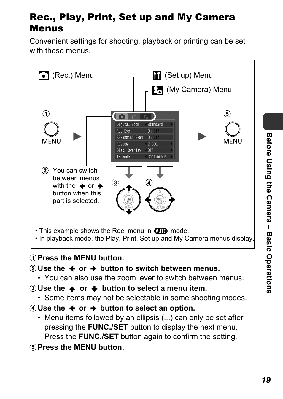 Rec., play, print, set up and my camera menus | Canon A710 IS User Manual | Page 21 / 138