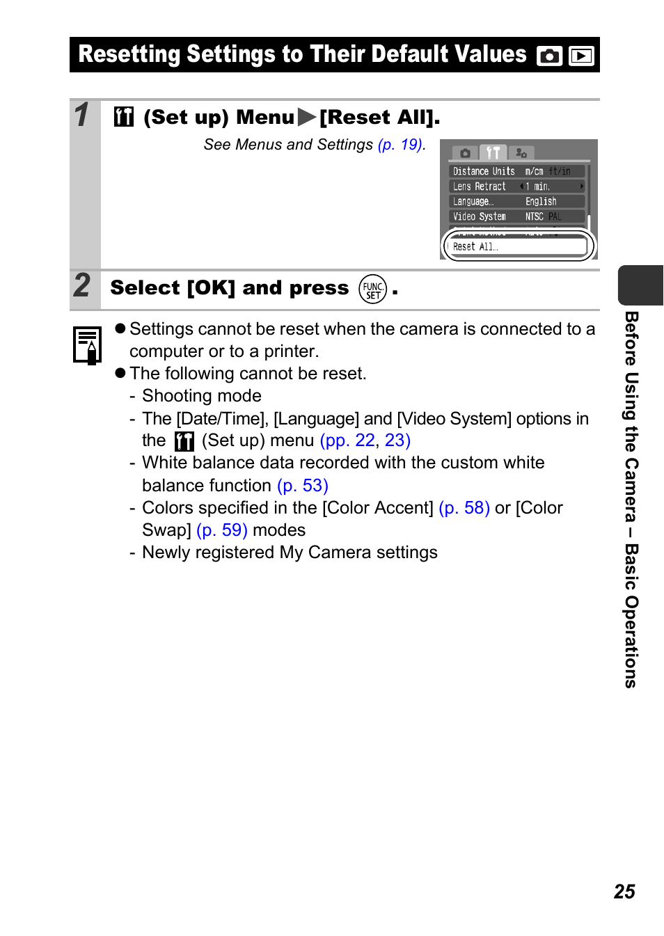 Resetting settings to their default values, P. 25 | Canon A710 IS User Manual | Page 27 / 138