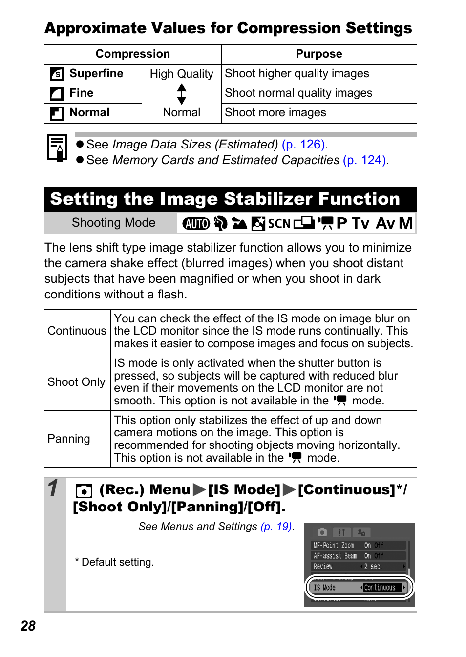 Setting the image stabilizer function, P. 28), Ilizer | P. 28, Approximate values for compression settings | Canon A710 IS User Manual | Page 30 / 138