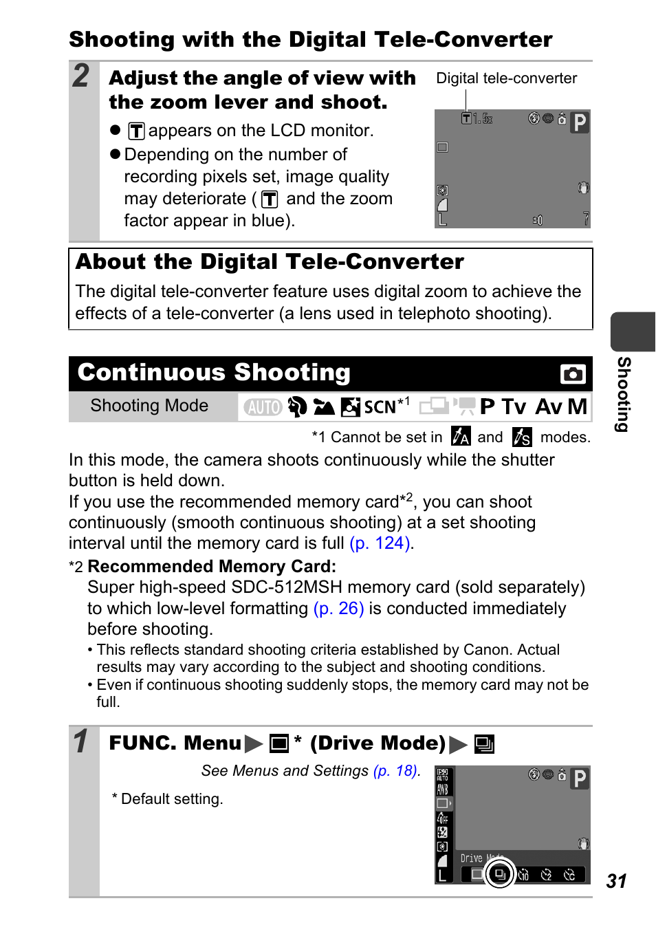 Continuous shooting, P. 31, P. 31) | Shooting with the digital tele-converter, About the digital tele-converter | Canon A710 IS User Manual | Page 33 / 138