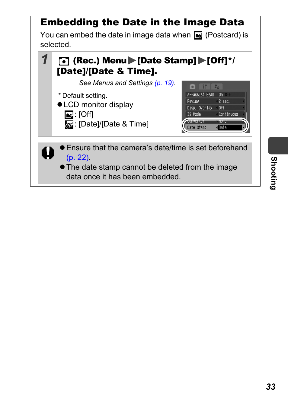 Embedding the date in the image data, P. 33 | Canon A710 IS User Manual | Page 35 / 138