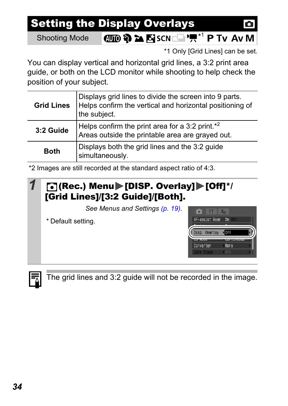 Setting the display overlays, P. 34 | Canon A710 IS User Manual | Page 36 / 138