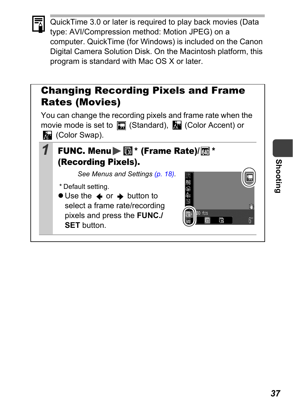 P. 37), Changing recording pixels and frame rates (movies) | Canon A710 IS User Manual | Page 39 / 138