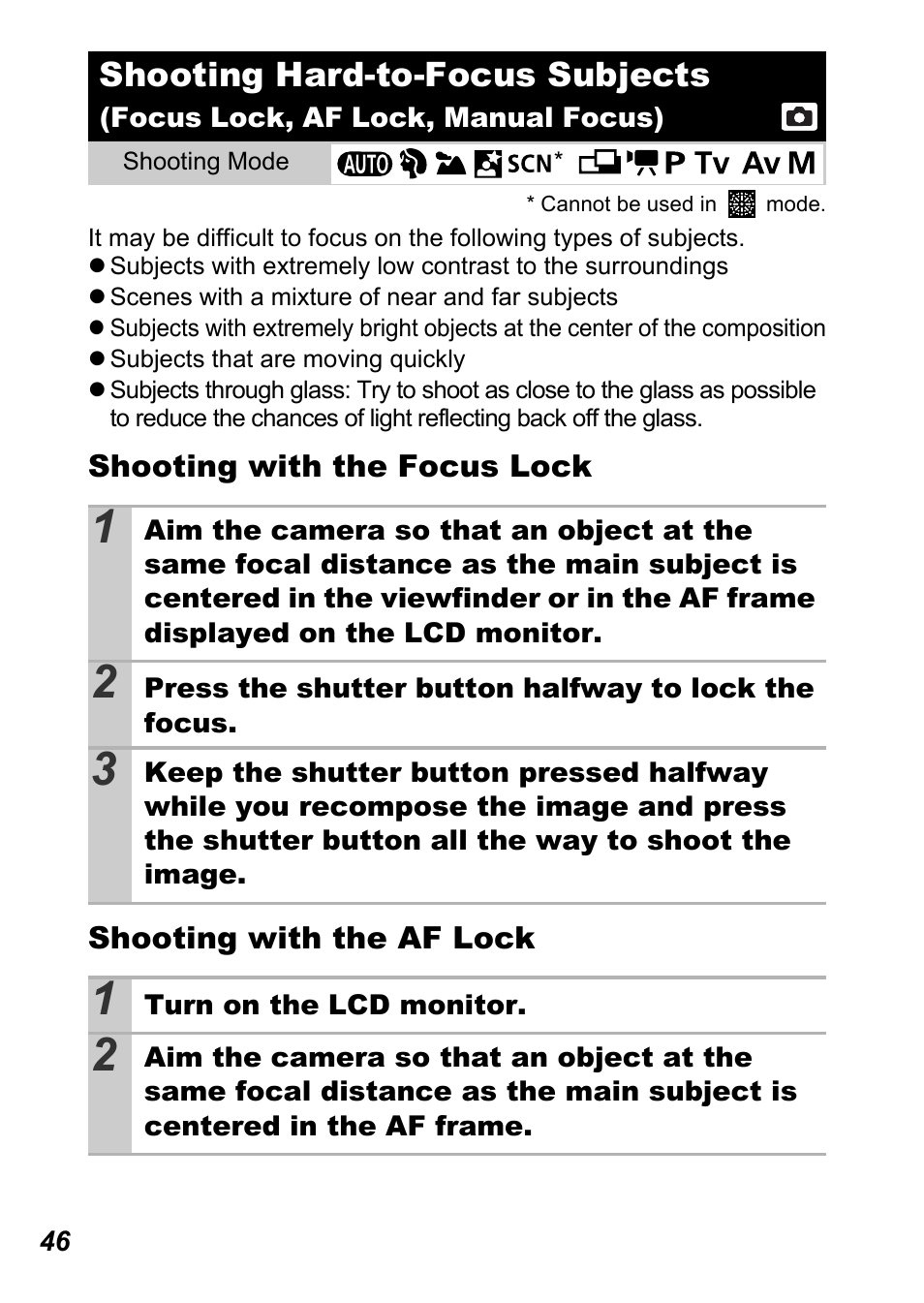 P. 46), Lock, Shooting hard-to-focus subjects | Canon A710 IS User Manual | Page 48 / 138