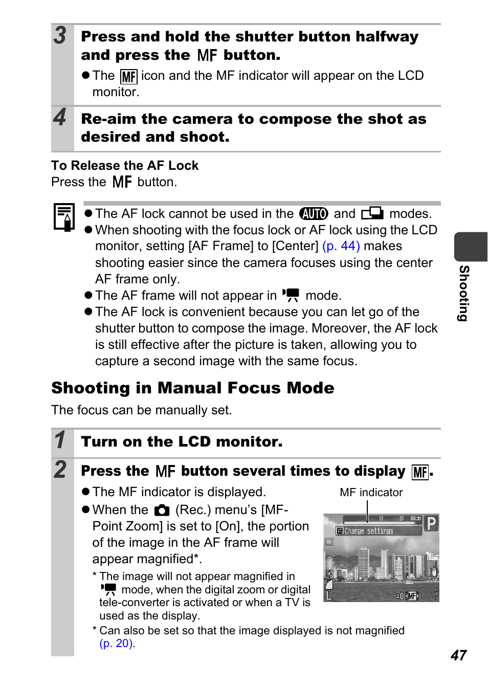 Manual focus, P. 47), P. 47 | Shooting in manual focus mode | Canon A710 IS User Manual | Page 49 / 138