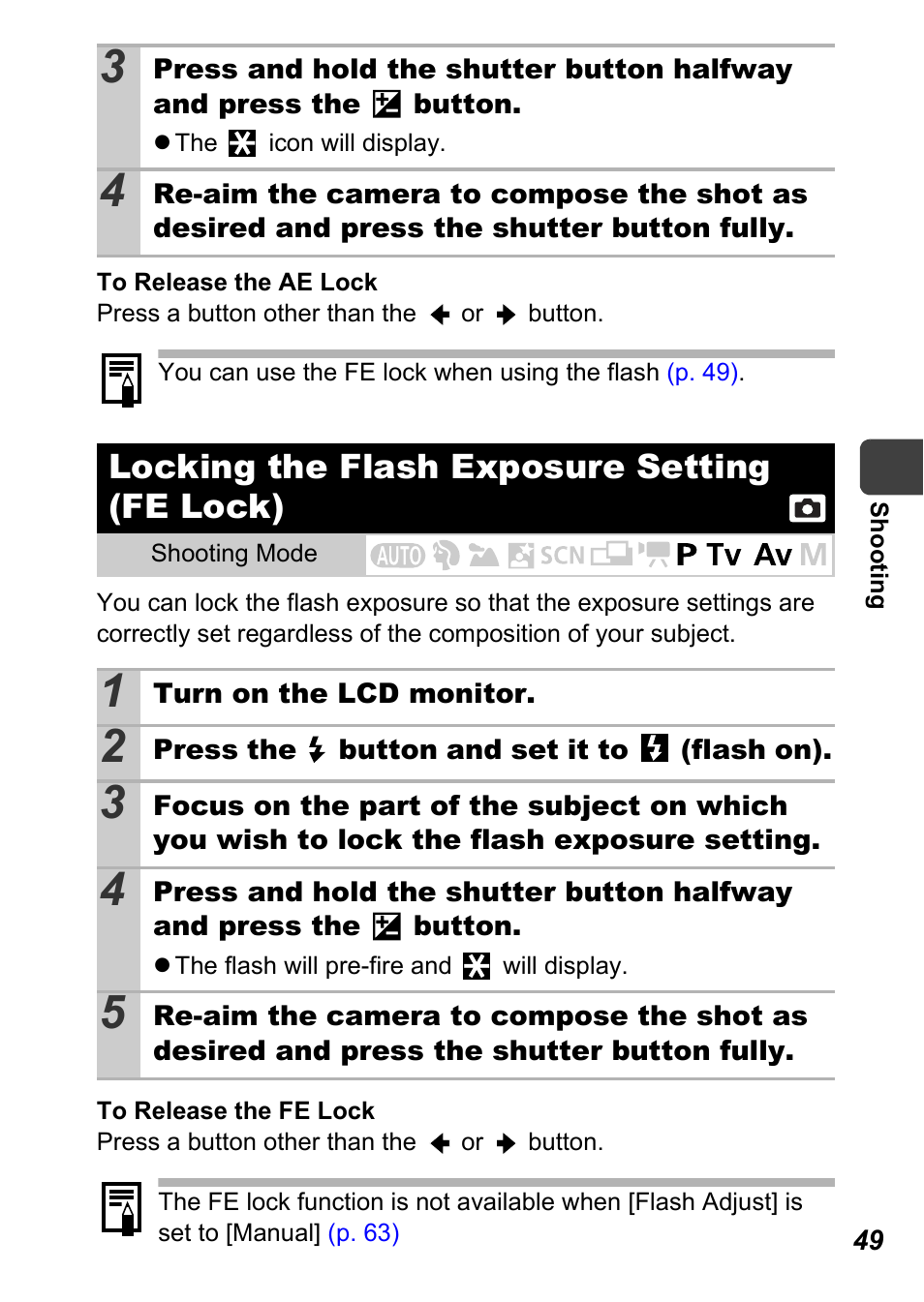 Locking the flash exposure setting (fe lock), P. 49) | Canon A710 IS User Manual | Page 51 / 138
